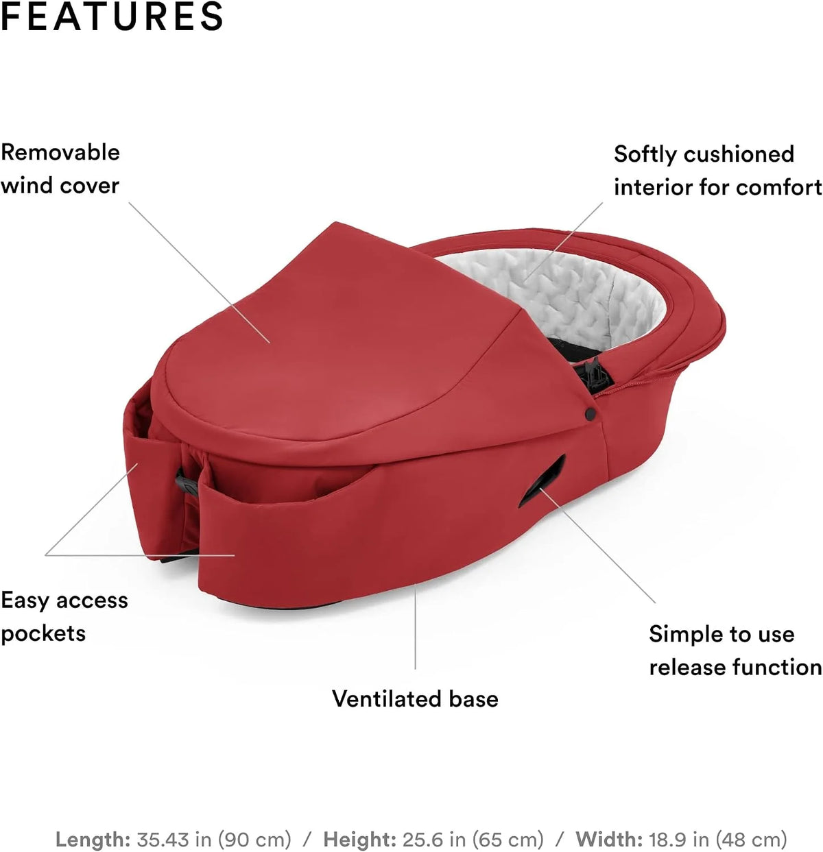 Stokke Xplory X Carry Cot, Ruby Red - Detachable Cot for Xplory X Stroller - Soft Interior Lining & Breathable Mattress - with Removable Wind Cover & Two Easy-Access Pockets