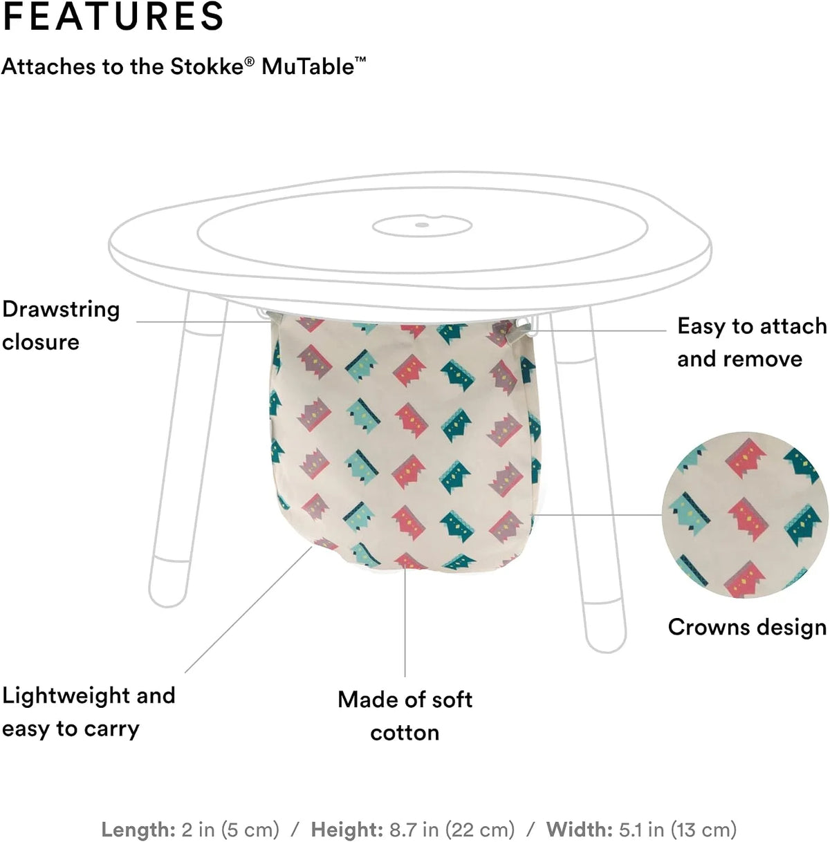 Stokke MuTable Cotton Bag, Crowns - Toy Storage Bag for Small to Medium-Sized Toys - Made of Soft Cotton - Lightweight, Easy to Carry