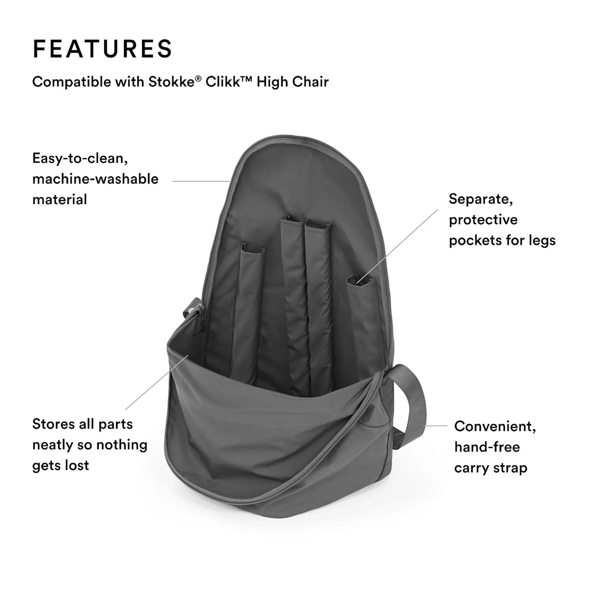 Stokke Clikk High Chair Travel Bag, Grey - Essential for Travel & Storage - Compatible with Stokke Clikk High Chair - 100% Polyester - Convenient, Spacious Interior with Hands-Free Carry Handle