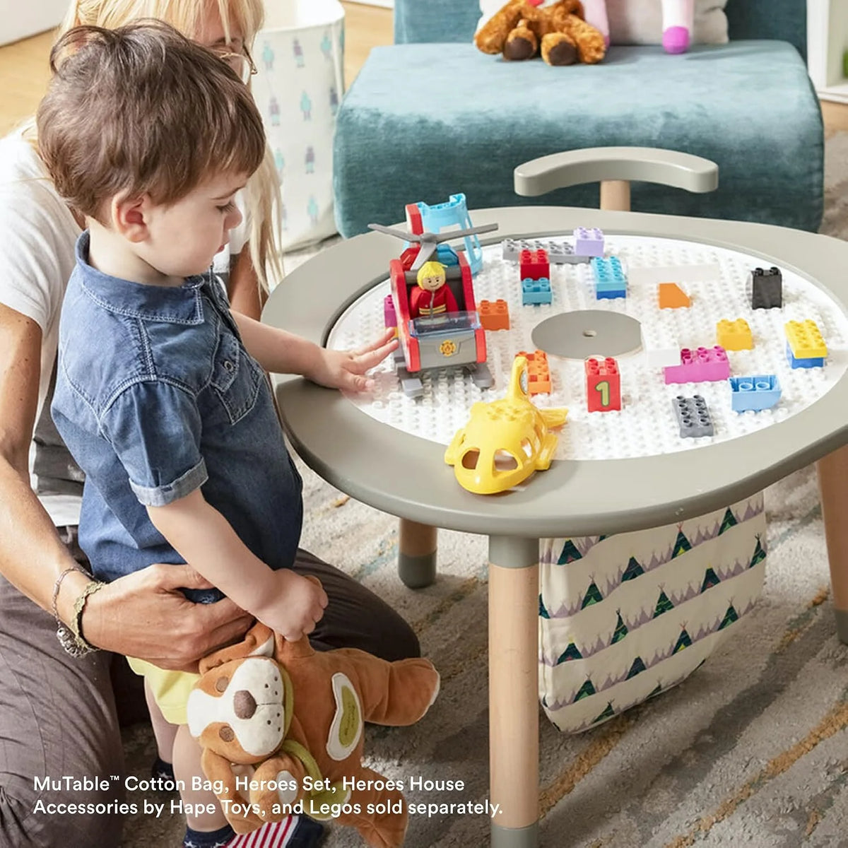 Stokke MuTable, Cherry - Multifunctional Children’s Play Table - Height-Adjustable Legs - Includes Four Double-Sided Activity Boards, One Puzzle & Natural Wood Cover