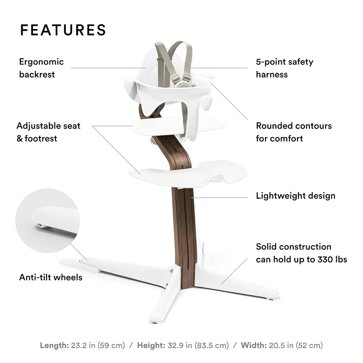 Stokke Nomi High Chair, White/Walnut - Inspires Active Sitting - Tool-Free, Seamless Adjustability - Includes Baby Set with Removable Harness for Children 6-24 Months