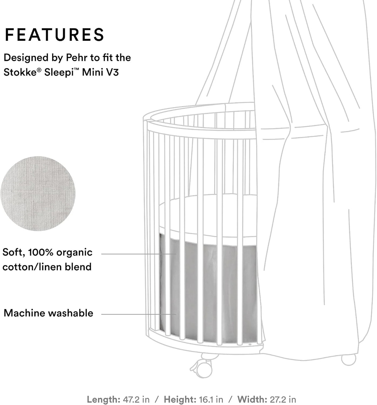 Stokke Sleepi Mini Bed Skirt by Pehr, Grey - Compatible with Stokke Sleepi Mini - Available in Numerous Colors - Machine Washable, Soft Organic Cotton