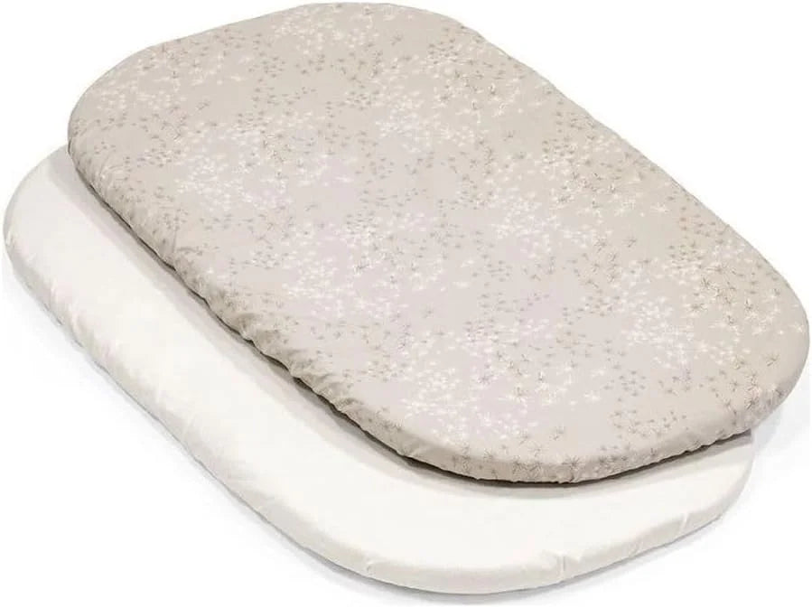 Stokke Snoozi Fitted Sheets - Includes 1 Dandelion Beige & 1 Vanilla Cream - Made to Fit the Oval Snoozi Mattress - Soft, Organic Cotton - Machine Washable