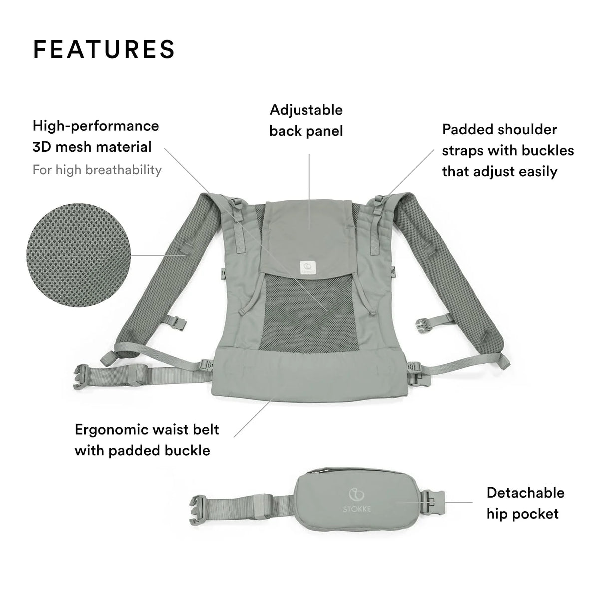 Stokke Limas Mesh, Glacier Green - Breathable Baby Carrier with High-Performance Fabrics - Safe for Babies from 1 Month/8.8-33 lbs - Includes Detachable Pouch for Essentials