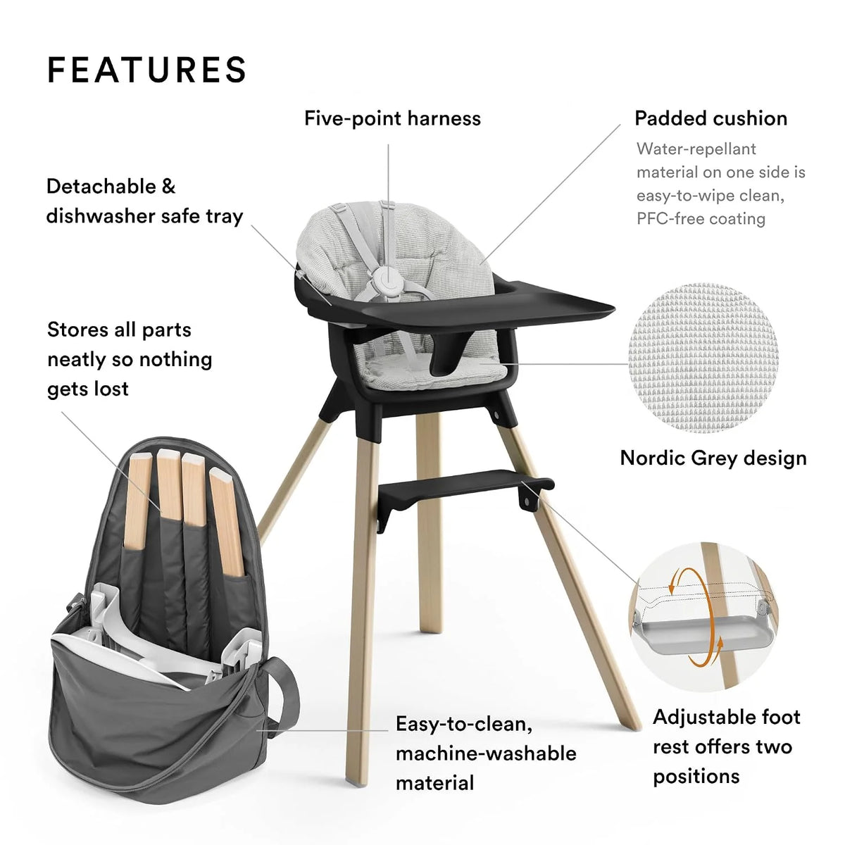 Stokke Clikk High Chair Bundle with Cushion and Travel Bag, Black/Natural
